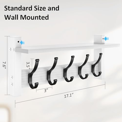 Optish Coat Rack Wall Mount with Shelf, 17.1 Inch Coat Hanger Walls Mounted, Hat Rack for Walls, Shelf with 5 Coat Hooks, Wall Hanger for Entryway (White) - Image 7