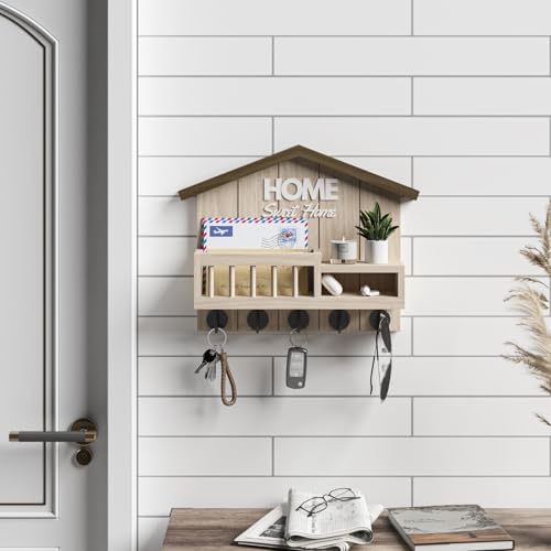 Key and Mail Holder for Wall, Wall Key Holder with Shelf, Key Rack Wall Mount, Wood Key Holder Wall Mount, Mail Organizer Wall Mounted, Entryway & Front Door Key Holder with 5 Hooks(White) - Image 5