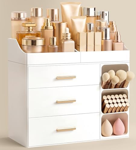 HBlife Makeup Organizer Countertop with Brush Holder,Large Bathroom Counter Organizer with Drawers,Skincare Organizers for Vanity,Plastic Dresser Organizer Storage Gift for Women Girl Mom,All White by HBlife