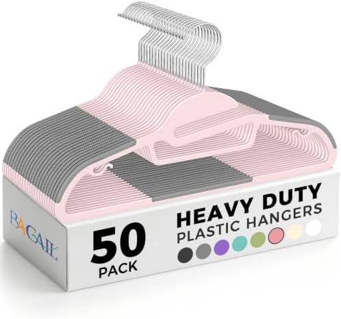 Heavy Duty Plastic Hangers 50 Pack with Non-Slip Design,0.2 Inches Thick,360°Swivel Hook Space Saving Organizer for Bedroom Closet,Shirts,Pants,Strong Enough for Coat(Pink- S Shaped) by BAGAIL