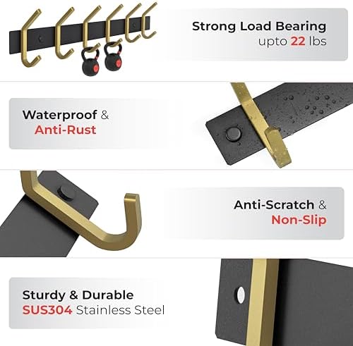 Coat Rack Wall Mount – Black and Gold Hook Rail with 6 Double Coat Hooks, 17 Inch Stainless Steel Wall Hooks for Entryway, Bathroom, Bedroom, Closet, Towel, Hat, Bag, Heavy Duty Organizer - Image 3