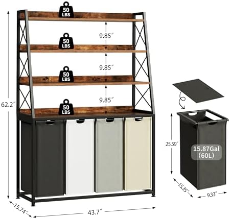 Herture Laundry Basket, 4 Section Laundry Hamper with 4 Tiers Shelf, Pull-Out and Removable Laundry Bags, Large 4 x 15.87 Gallons, for Laundry Room Bathroom Rustic Brown PF12XLN - Image 3