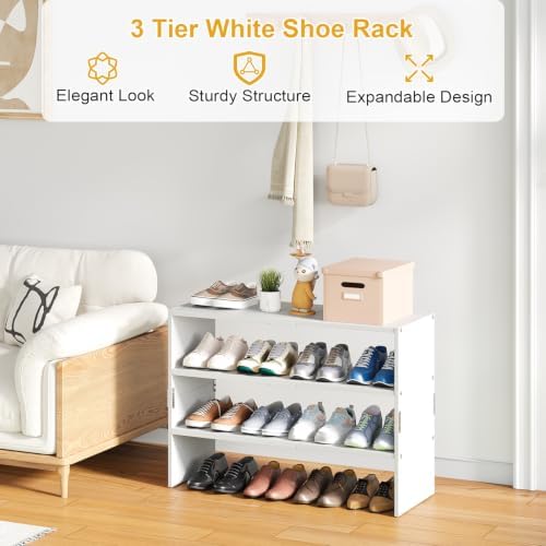 White Shoe Rack Organizer for Closet, 3-Tier Expandable Shoe Shelf, Stackable Iron Wood Combination Shoe Racks Shelves for Closets, Entryway,Small Space,Hallway,Garage,Holds 8-16 Pairs of Shoes - Image 3