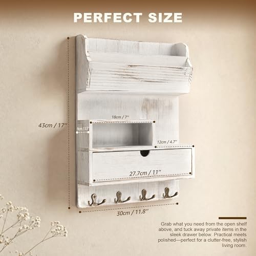 Rebee Vision Pine Wood Key Holder Wall Mount with Shelf & Drawer, Whitewash - Image 2