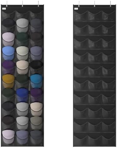 Baseball Hat Rack, 30 Pocket Over-The-Door Hat Organizer with Clear Deep Pockets to Display Baseball Caps Collection, Complete with 3 Over Door Hooks (Black, 30 Pockets) by Unjumbly