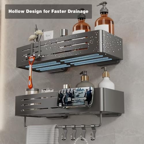 Voldra Shower Caddy Suction Cup, 2 Pack Shower Shelves for Inside Shower No Drilling, Aluminum Suction Showers Organizer with Towel Bar & Hooks Removable Bathroom Shelf Storage Rack(Gray) - Image 3