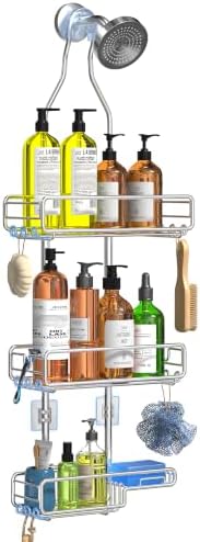 Skyapex Shower Caddy Hanging Bathroom Organizer: Over Head Adjustable Rack for Tall Showerhead - Extra Large Storage Shelf for Big Shampoo Bottles with Soap Holder by Skyapex