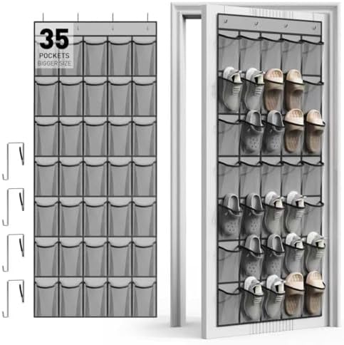 WVM Over the Door Shoe Organizer with 35 Breathable Mesh Pockets, Hanging Shoe Organizer for Door with 4 Metal Hooks, Large Capacity Closet Storage for Shoes, Accessories, Grey by WVM