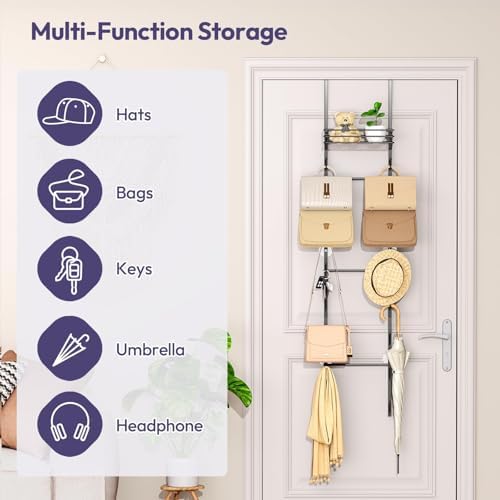 SWTYMIKI Over the Door Purse Organizer - Wall Mounted Handbag Organizer with 16 Hooks and Metal Basket, Hanging Purse Storage Rack Holds up to 16 Bags, Bag Rack Can Use As 1/2 Part, for Door, Closet - Image 2