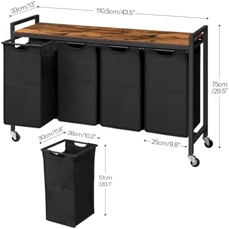HOOBRO Laundry Sorter 4 Sections, Laundry Hamper with Wheels, 4 × 10.5 Gal (40 L), Rolling Laundry Basket, Pull-Out and Removable Oxford Fabric Bags, Rustic Brown and Black BF04XY01 - Image 3