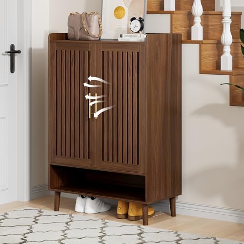 Shoe Cabinet, Large 6-Tier Shoe Storage Cabinet with Louvered 2 Doors, 44" Tall Freestanding Entryway Shoe Cabinet with Adjustable Shelves, Modern Shoe Organizer Cabinet, Shoe Rack Cabinet (Walnut) - Image 7