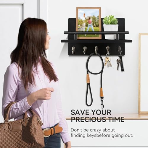 Key Holder Wall Mount with Shelf & 5 Sturdy Hooks, Rustic Mail Organizer Hanging Dog Leash, Glasses, Wooden Key Hanger with Mounting Hardware - Image 4