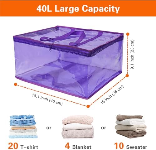 Vieshful Purple 40L Clear Clothes Storage Bag Colorful Clothes Organizer with Zipper Vinyl Storage Bag for Comforter, Blanket, Bedding, Duvet, Transparent Moving Totes 5 Pack - Image 2