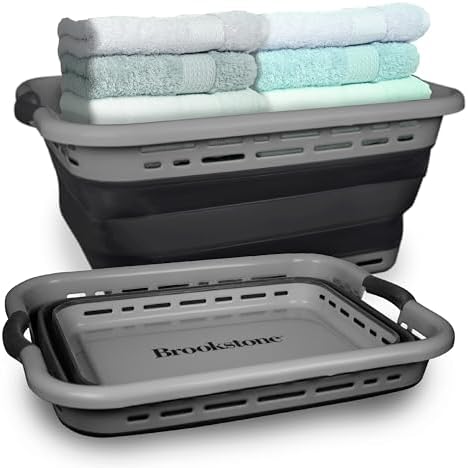 BROOKSTONE 11 GALLON XL 24" Collapsible Laundry Basket & Clothes Hamper, Comfort Non-Slip Handles, Modern Laundry Hamper with Space Saving Design, Portable Pop-Up Hamper, BPA FREE, Grey, 1 Pack by Unknown
