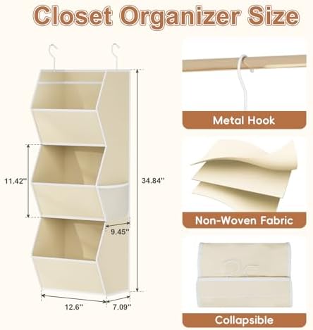 Hanging Closet Organizers and Storage for Kids Room Organization, 3 Tiers | Hanging Closet Shelves for Underwear Swimsuit Storage, Hanging RV Closet Organizers and Storage Camper Closet Organizer Beige - Image 3