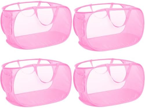 4 Pcs Durable Collapsible Laundry Baskets, Foldable Large Opening Pop Up Laundry Hamper with Pocket, Clothes Hamper with Handles for Laundry, Bathroom, Kids Room, Dorm or Travel Pink by Bemkoo