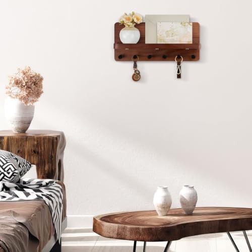 Nekon Key Holder for Wall with Shelf, Pine Wooden Key Hanger, Brown - Image 6