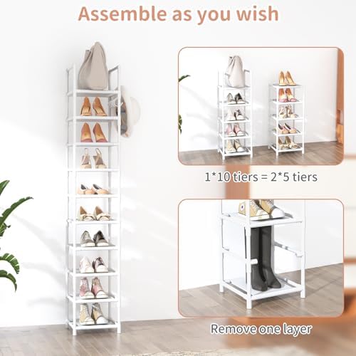 LANTEFUL Tall Narrow Shoe Rack 10-Tier Skinny Shoe Shelf Storage for 10-15 Pairs Shoes and Boots, Space Saving Corner Shoe Rack Organizer for Closet, Entryway, Garage, Living Room,White - Image 5