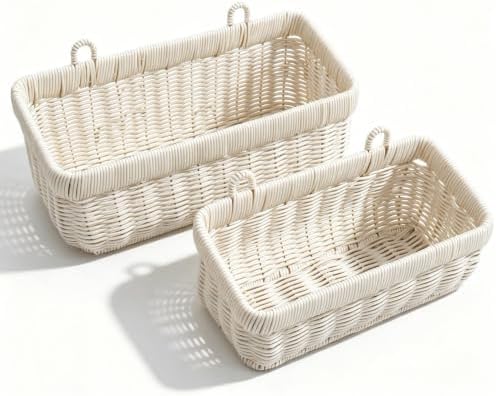 Wicker Hanging Baksets, Plastic Organizer for Kitchen Pantry, Bathroom, Set of 2, White by Nicestand