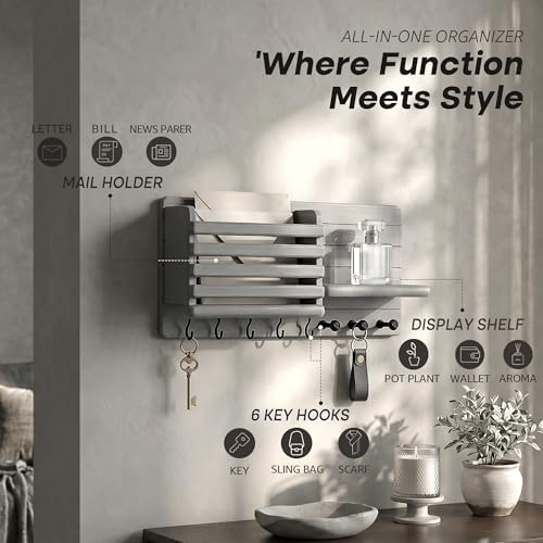 Rebee Vision Key Holder Wall Mount with Mail Slot for Room Decor, Gray - Image 5