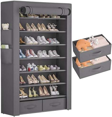 OYREL Shoe Rack Dustproof Sturdy 8Tier Tall Large Storage with Side Pocket by OYREL