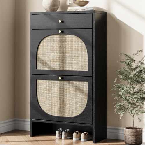 Nicetree Shoe Cabinet for Entryway, Slim Shoe Rack with 2 Flip Drawers and Top Storage Drawer, Narrow Shoe Organizer with Printed Rattan-Look Design, Entryway Shoe Storage for Size 12+ Shoes, Black by Nicetree