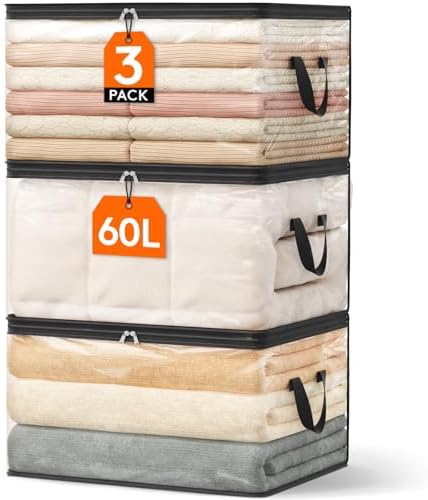 Lifewit 3 Pack Clear Clothes Storage Bags, 60L Blanket Storage with Zipper by Lifewit
