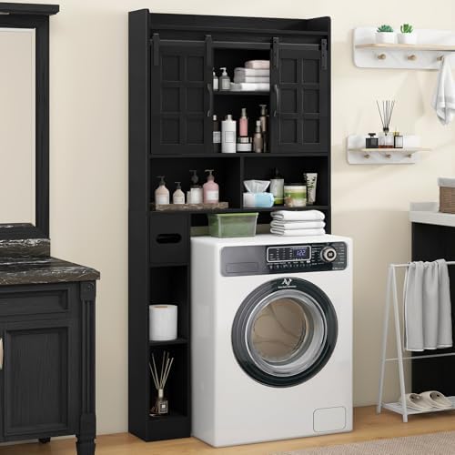 Halitaa Over The Toilet Storage Cabinet with Sliding Doors,Pure Black - Image 3