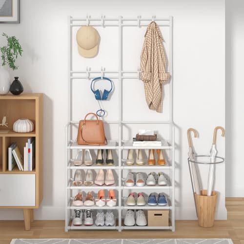 Laiensia 5-Tier Entryway Coat Rack, Coat and Shoe Rack, Entryway Bench Storage Organizer with 8 Hooks for Bedroom, Hallway, Office, White - Image 3
