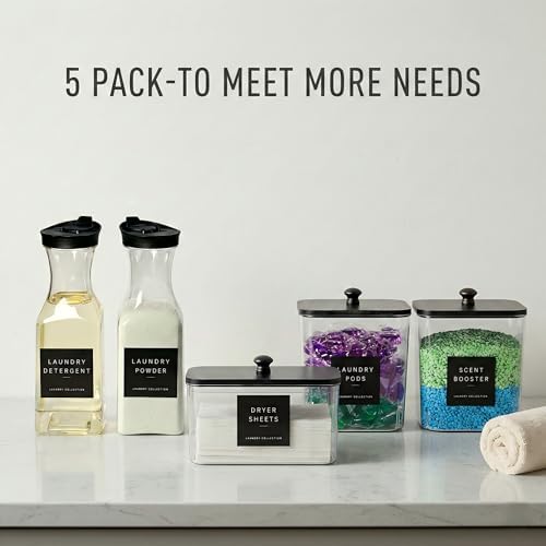 3+2 Pack Laundry Pods Containers & Dryer Sheet Holder & Laundry Detergent Dispenser, Laundry Room Organization and Storage Jars with Lids, Labels and Scoops for Scent Booster, Powder, Pods - Image 3