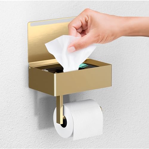 Day Moon™ - Toilet Paper Holder with Shelf - Modern Roll Holder for Bathroom - 1 Pack - Wall Mount - with Storage, Gold by DayMoonDesigns