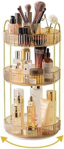 Asayuee 360 Rotating Makeup Organizer,3 Tier Large Capacity Make Up Organizers and Storage,Skincare Perfume Vanity Organizers,Bathroom Cosmetics Storage Organizer Countertop(Gold) by Asayuee