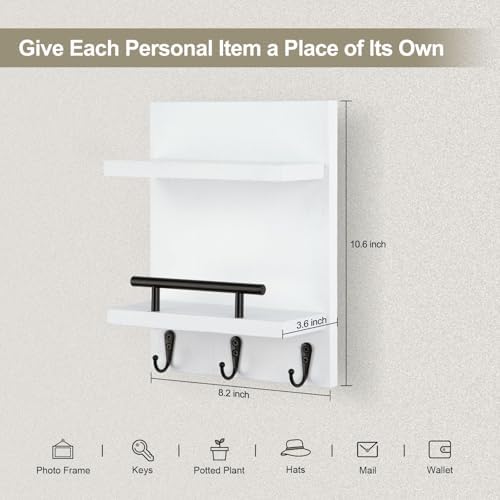 Key Holder Wall Mount, Mail Shelf Decor with 3 Key Hooks, Versatile Wood Wall Organizer for Entryway Hallway (8.2” x 10.6”x 3.6”) (White) - Image 2