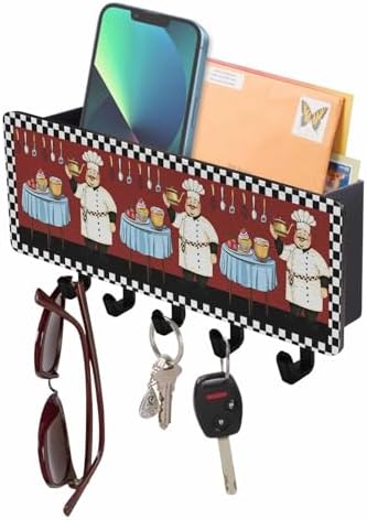Red Chef Key Holder Wall Mount, Black White Check Black Hanging Mail Organizer with 5 Key Hooks Wall Decorative, Adhesive Key Rack with Shelf for Hallway Kitchen Farmhouse Entryway Decor by Unknown