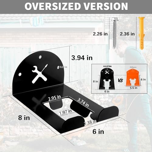 Upgraded Trimmer Rack Wall Mount - 8" Heavy Duty Weed Eater Hanger for Garage Wall, Garden Power Tool Holder Organizer Hooks for Grass Trimmer, Hedge Trimmer, Leaf Blower and Chainsaw, Black, 2 Pack - Image 3