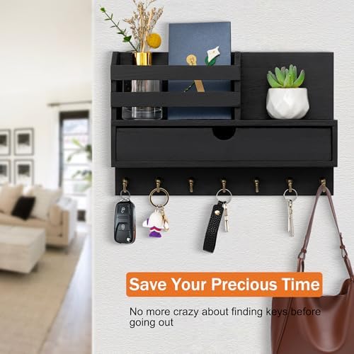 dreampossible Key and Mail Holder for Wall, Mail Organizer Wall Mount with 7 Hooks and Storage Drawer, Wooden Key Rack Hanger with Shelf for Entryway and Home Decor - Image 6