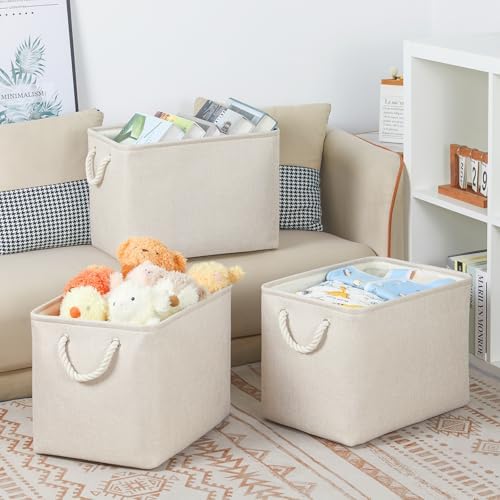 Bidtakay Large Storage Baskets for Shelves 3 Pack Fabric Storage Bins for Organizing Linen Collapsible Organizer for Closet-Light Biege - Image 2