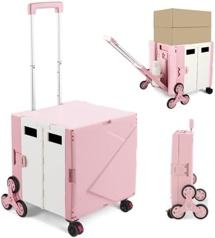 76L Folding Utility Cart Portable Rolling Crate Handcart Shopping Collapsible Tool Box with Stair Climbing Wheels,Hidden Lid,2 Rotate Wheels,for Grocery,Shopping,Office,Storage(Pink-White) by ZIYOULANG