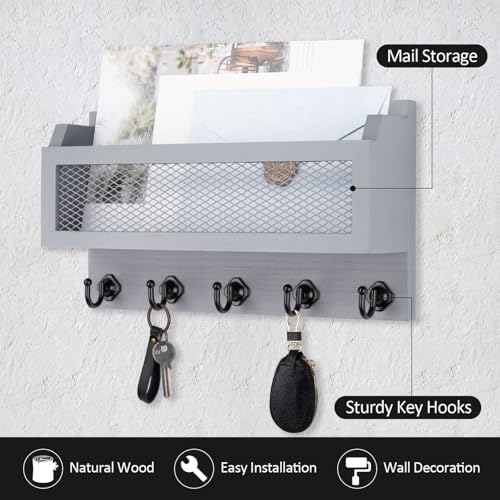 Nekon Mail and Key Holder for Wall Decorative, 11 Inch Mail Holder, Gray - Image 3