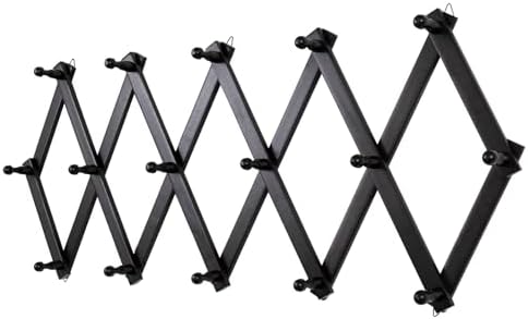 SCUNDA Accordion Wall Hanger with 16 Hooks, Wooden Wall Expandable Coat Rack for Coat, Hats, Baseball Caps, Coffee Mug, Jewelry(Black) by SCUNDAHOME