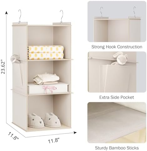 YOUDENOVA Hanging Closet Organizer and Storage for Clothes, 3-Shelf, Beige | Locker/RV/Camper Organizer, Side Pocket, Hanging Shelves for Small Closet, Dorm Room Essentials for Guys, Breathable Fabric - Image 3
