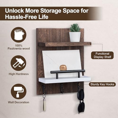 Key Holder Wall Mount, Key Holder With 2 Display Shelf, 3 Hooks for Key, Coat, Dog Leash, Key Hanger with Hook for Mail, Potted Plant, Farmhouse Mail Holder, Entry Way Organizer (Brown & White) - Image 4
