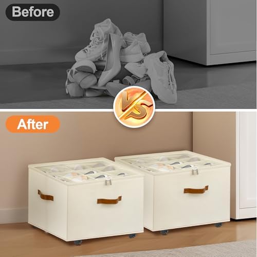Foyego 2 Pack Shoe Organizer for Closet, Shoe Storage with Wheels, Beige - Image 6