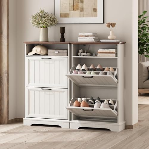 24" W Hidden Shoe Storage Cabinet with 2 Flip Drawers & Open Storage - Image 6