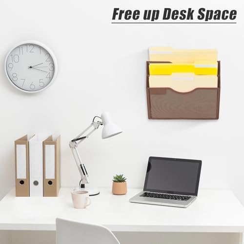 EASEPRES 3 Pocket Mesh Hanging Wall File Organizer, Wall Mounted Mail Paper Document Folder Holder, Clipboard Storage Organization Magazine Rack with Nametag Label for Office Home School, Brown - Image 3