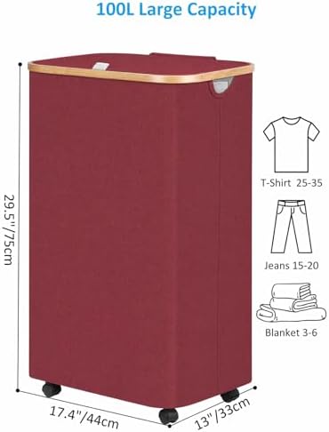 efluky Laundry Basket with Wheels, Tall Rolling Laundry Hamper with Lid and Removable Bag, Aesthetic Dirty Clothes Hamper on Wheels for Laundry Room, Bedroom, Dorm and Bathroom, 100L Red - Image 2