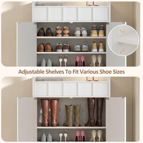 Shoe Cabinet Storage for Entryway with Doors, 6 Tier Fluted Shoe Organizer with Drawer & Adjustable Shelves, Freestanding Hidden Shoe Rack for Front Door Entrance, White - Image 6