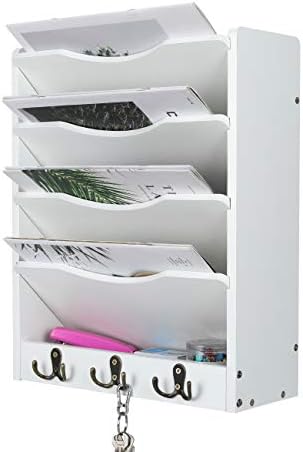 PAG-Mass 5-Tier Wall File Holder Hanging Mail Organizer Wood Magazine Literature Rack with 6 Hooks, White - Image 2