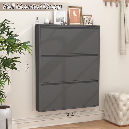 GREATMEET Slim Wall Mounted Metal Storage Cabinet with 3 Flip Drawers - Image 3