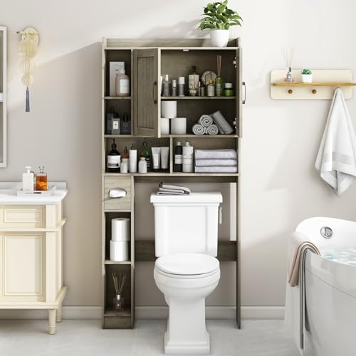 Vabches Farmhouse Over The Toilet Storage Cabinet with Barn Door, Gray Oak - Image 6